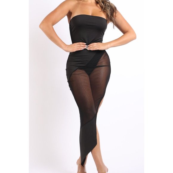 Women's Sexy Sleeveless Off The Shoulder Black Tube Dress With Mesh Contrast - Picture 10 of 10